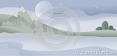 Blue natural background with moon, mountains and forest, all in fog, Vector Illustration