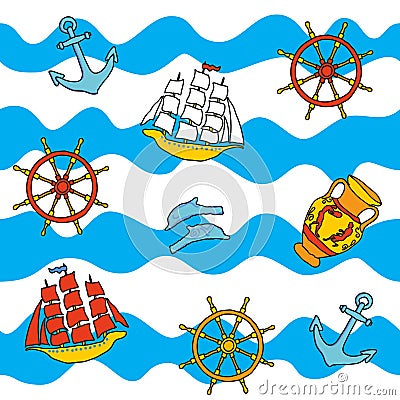 Blue nautical and archeology pattern Vector Illustration