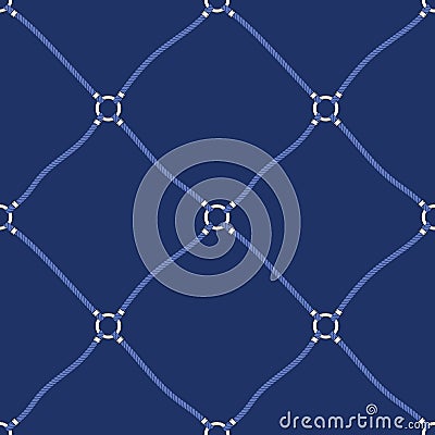 Blue Nautical Ropes and White Chain Links Diagonal Diamond on Navy Background Vector Seamless Pattern.Trendy Net Print Vector Illustration