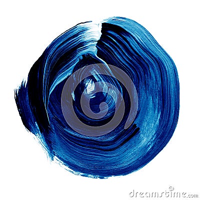 Blue navy peony textured acrylic circle. Watercolour stain on white background. Stock Photo