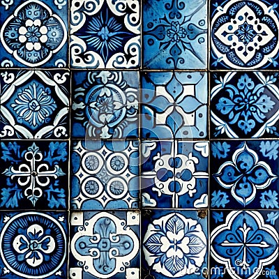 Blue navy vintage mosaic tile background. Abstract floral ceramic azulejo pattern in spanish or moroccan style. Generative AI Stock Photo