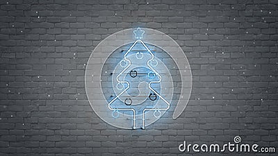 Blue neon christmas tree symbol and snowfall 3D rendering Stock Photo