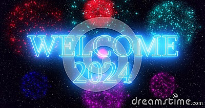 Neon color Goodbye 2023 Welcome 2024 text illustration with neon colorful fireworks in high-resolution. Cartoon Illustration