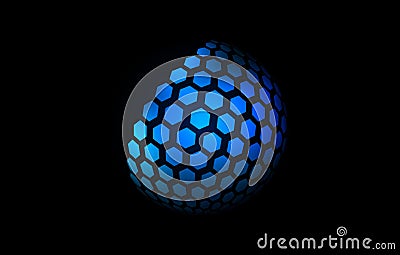 Blue neon hexagon pattern sphere. 3d halftone hemisphere concept. Grid globe futuristic element. Round shape for tech Vector Illustration