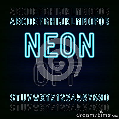 Blue Neon Light Alphabet Font. Two different styles. Lights on or off. Type letters and numbers. Vector Illustration