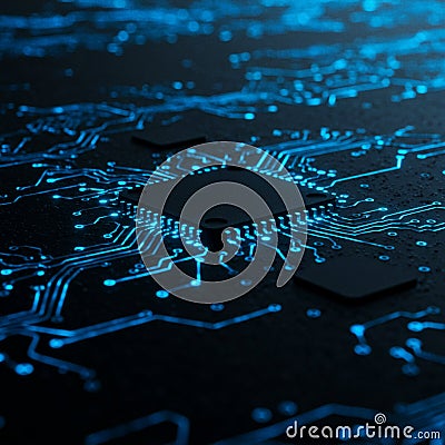 A blue neon-lit circuit board displays intricate patterns of pathways and connections. Stock Photo