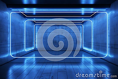 Blue neon lit room with concrete wall, a perfect design project background Stock Photo