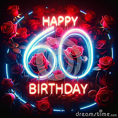 Blue Neon 60th Birthday with Red Roses Delight Stock Photo