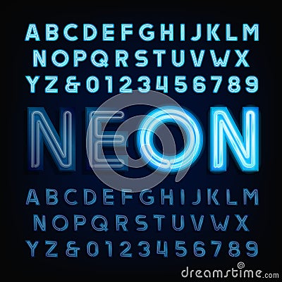 Blue neon tube alphabet font. Light turn on and off. Vector Illustration