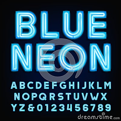 Blue neon tube alphabet font. Type letters and numbers on a dark background. Vector Illustration