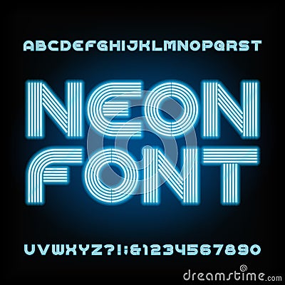 Blue neon tube alphabet font. Type letters and numbers. Vector Illustration