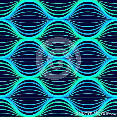 Blue neon waves seamless pattern.. Background with glowing 80s retro vapor wave style Vector Illustration