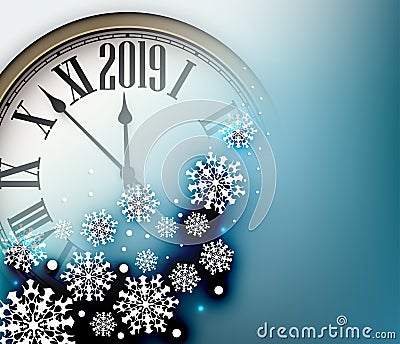 Blue 2019 New Year background with clock. Greeting card. Vector Illustration