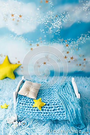 Blue newborn digital backdrop with stars and moon on a colourful background Stock Photo