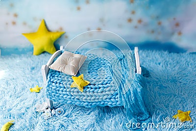 Blue newborn digital backdrop with stars and moon on a colourful background Stock Photo