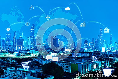 Blue night modern city with connection line of internet of thing Stock Photo