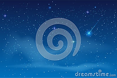 Blue night starry sky. Bright star to fall meteorite Vector Illustration