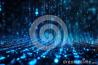 Blue numbers falling down on a black background, with a blue glow effect. a matrix code background with digital and binary nu Cartoon Illustration