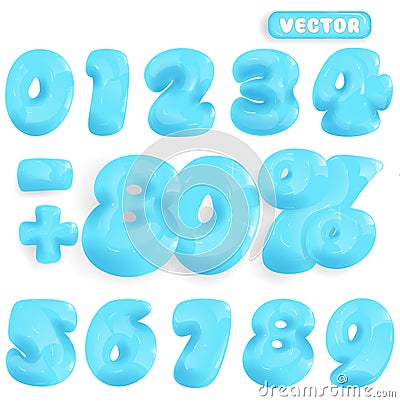Blue numbers from 0 to 9. Collection of voluminous inflated color numbers from balloon. Set of bright bubble spherical numbering Vector Illustration