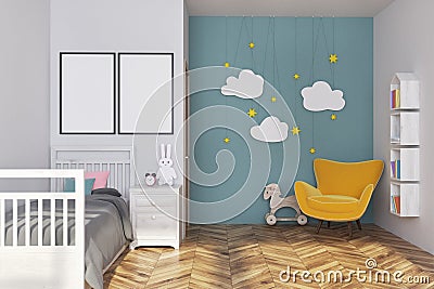 Blue nursery interior, posters and armchair Stock Photo