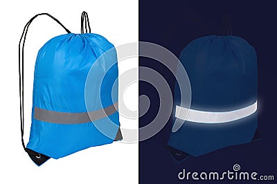 Blue nylon drawstring bag with reflective tape Stock Photo