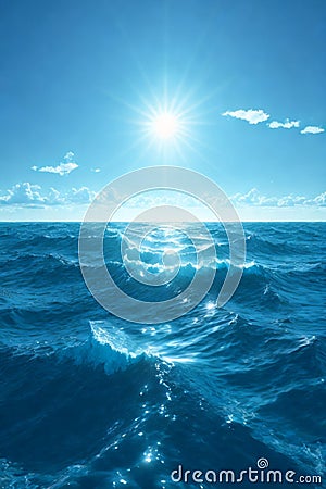 Blue ocean panorama with sun reflection, The vast open sea with clear sky, Ripple wave and calm sea with beautiful sunlight Stock Photo