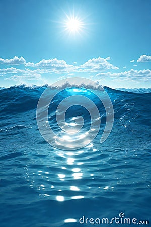 Blue ocean panorama with sun reflection, The vast open sea with clear sky, Ripple wave and calm sea with beautiful sunlight Stock Photo