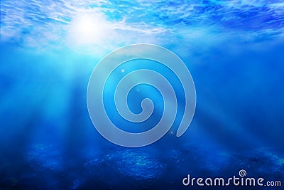 Blue ocean underwater sun rays background Stock Photo