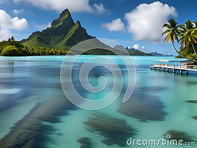 blue ocean water, clouds and mountains with blue sky Stock Photo
