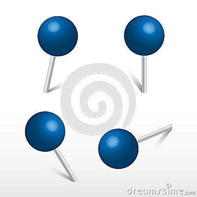 Blue office round push pins. 3d push pin. Vector Illustration