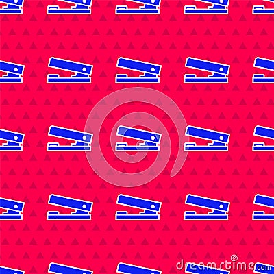 Blue Office stapler icon isolated seamless pattern on red background. Stapler, staple, paper, cardboard, office Vector Illustration