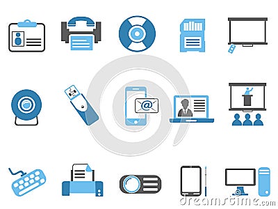 Blue office technology icons set Vector Illustration