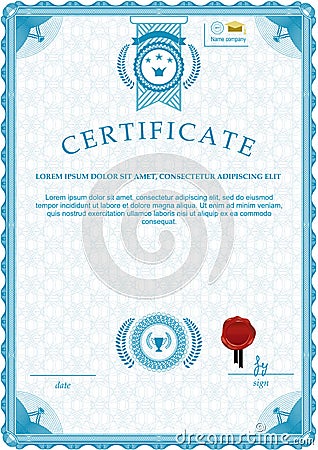 Blue official guilloche certificate and red wafer Vector Illustration