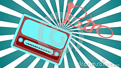 A blue old retro antique vintage rectangular first hipster radio, a music radio receiver with round volume controls with an inscri Vector Illustration