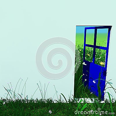 Blue open door looking to green landscape outside Stock Photo