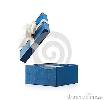 Blue Open Gift Box With White Bow Stock Photo