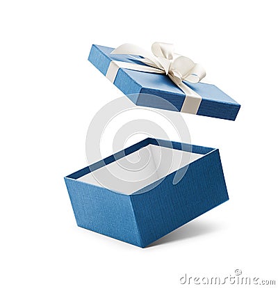 Blue Open Gift Box With White Bow Stock Photo
