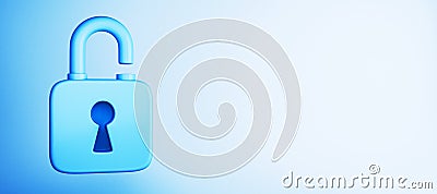 Blue open padlock on a light gradient background. 3D Rendering Stock Photo