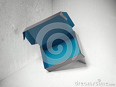 Blue opened package in concrete corner. 3d rendering Stock Photo