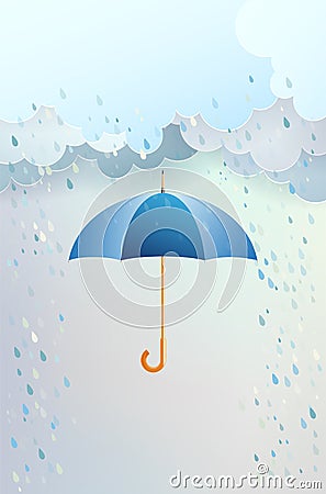 Blue opened umbrella and clouds with rain Cartoon Illustration