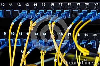 Blue optical connectors switch on the patch panel Stock Photo