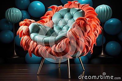 A blue and orange chair sitting in front of a bunch of balloons Stock Photo