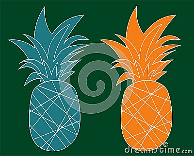 Blue and orange flat pineapples. Tropical ananas isolated on colored background. Exotic fruits. Vector illustration Vector Illustration