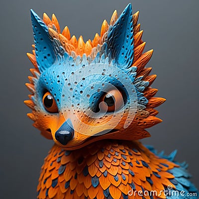 Close Up Of Blue And Orange Fox Figurine In The Style Of Filip Hodas Cartoon Illustration