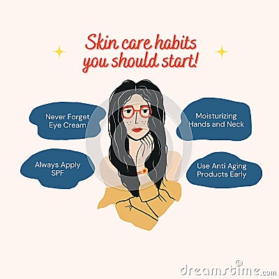 Blue Orange Illustrated Skin Care Habits Instagram Post Stock Photo
