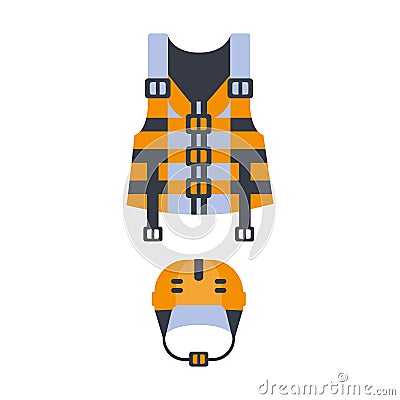 Blue And Orange Life Vest And Helmet, Part Of Boat And Water Sports Series Of Simple Flat Vector Illustrations Vector Illustration