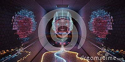 Cyborg hologram watching a subway interior 3D rendering Stock Photo