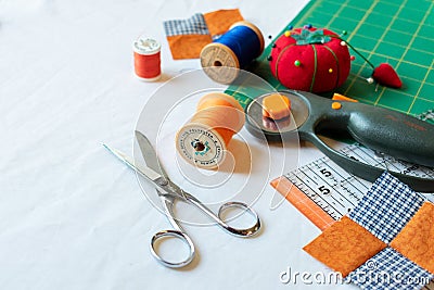 Blue and orange quilting supplies Stock Photo