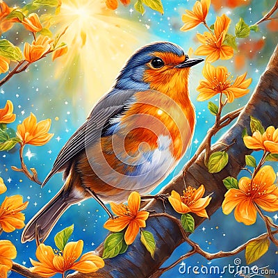 A blue and orange robin bird standing on the branch of the tree in spring Stock Photo