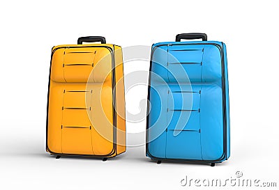 Blue and orange travel baggage suitcases on white background Stock Photo